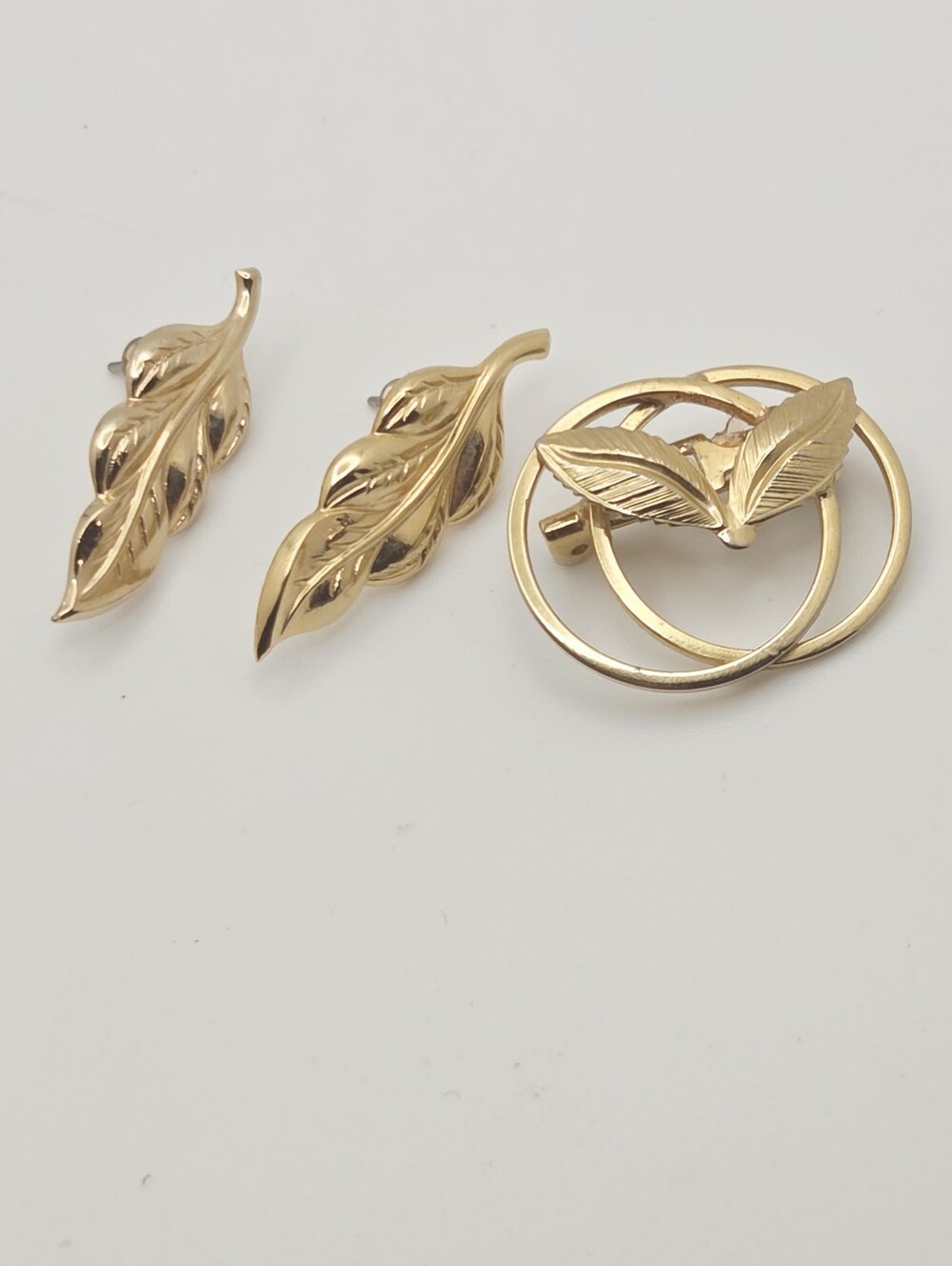 Gold Leaf Motif Brooch and Earrings Set - Gold Women Jewelry